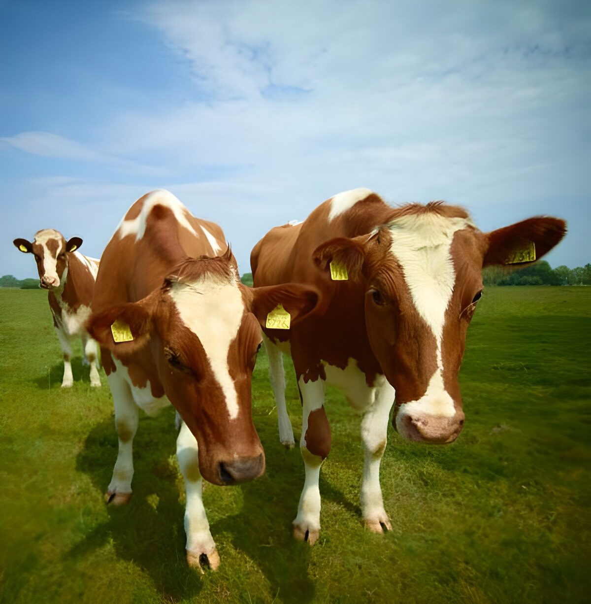 Drie koeien in een zonnige weide