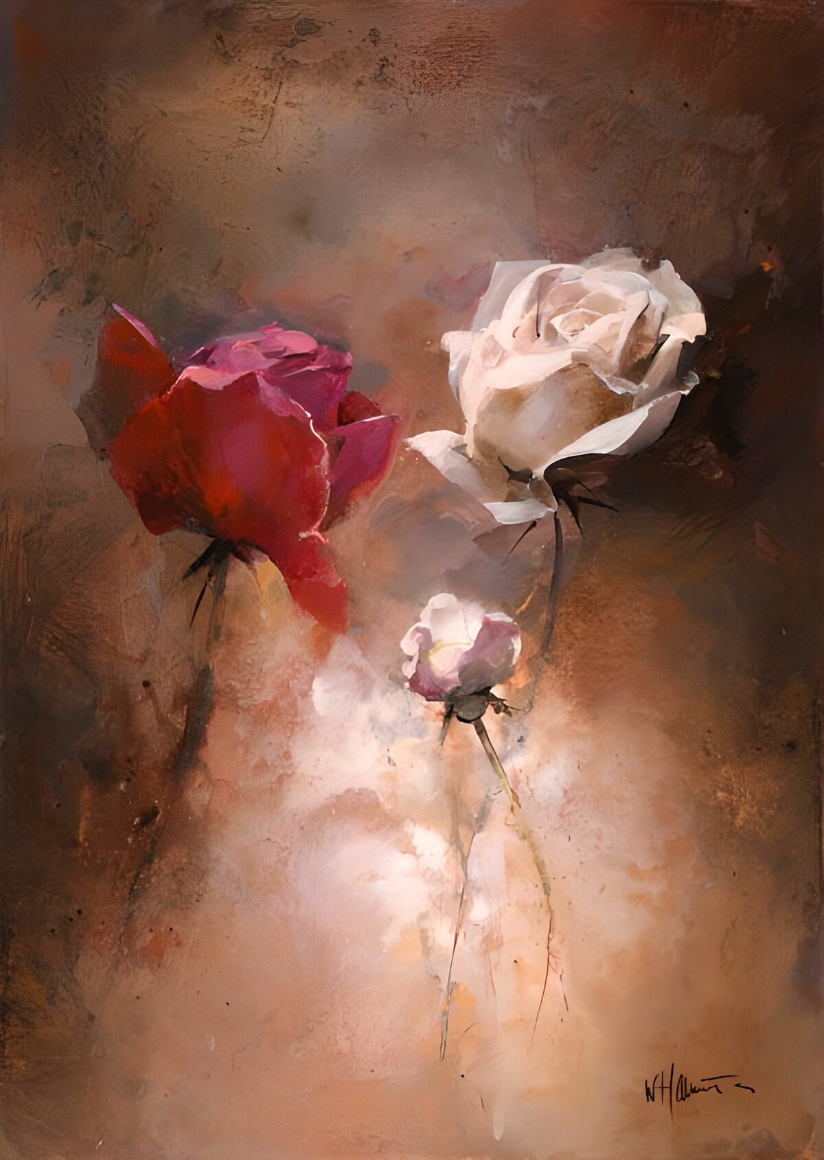 Drie rozen in rood, wit en roze