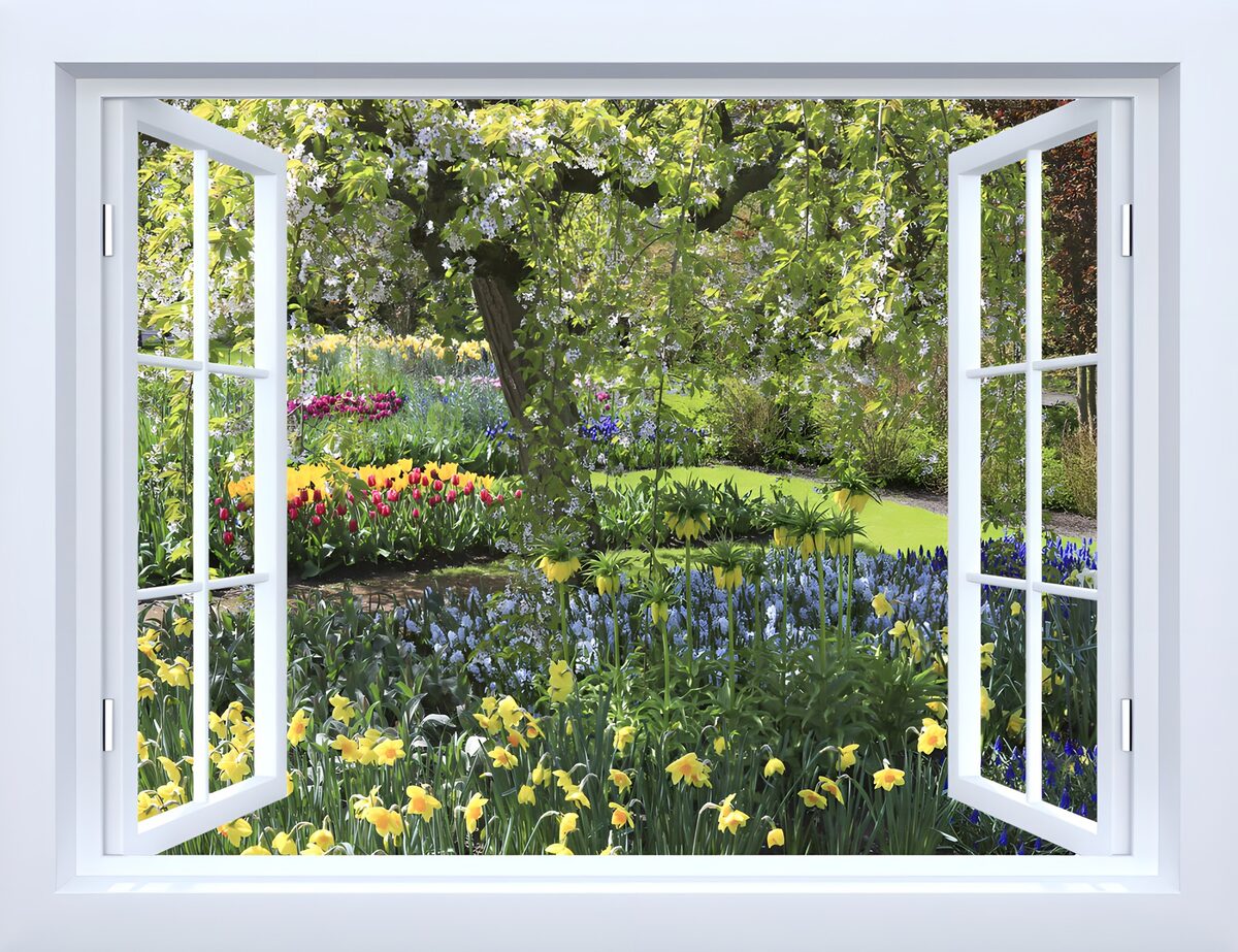 Open raam naar een lentetuin