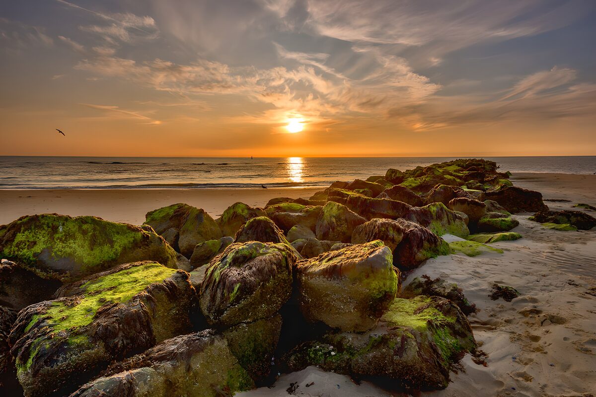 Zonsondergang bij de groene golfbreker