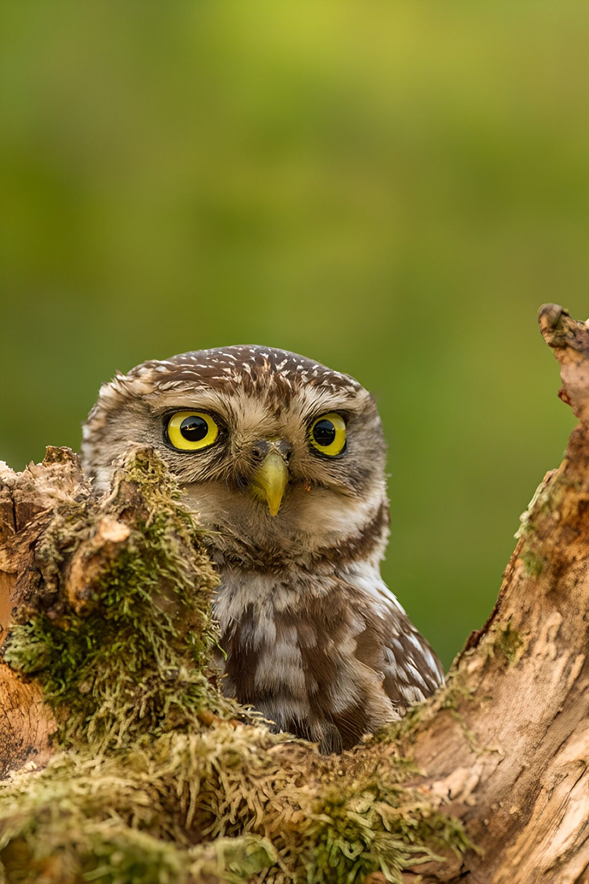 Kleine uil tussen mos en hout