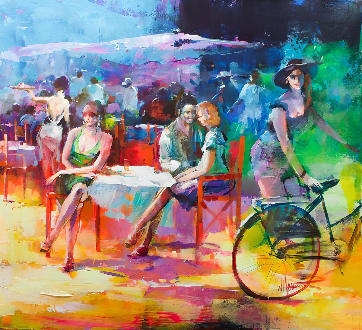 Caféterras met vrouwen en een fiets