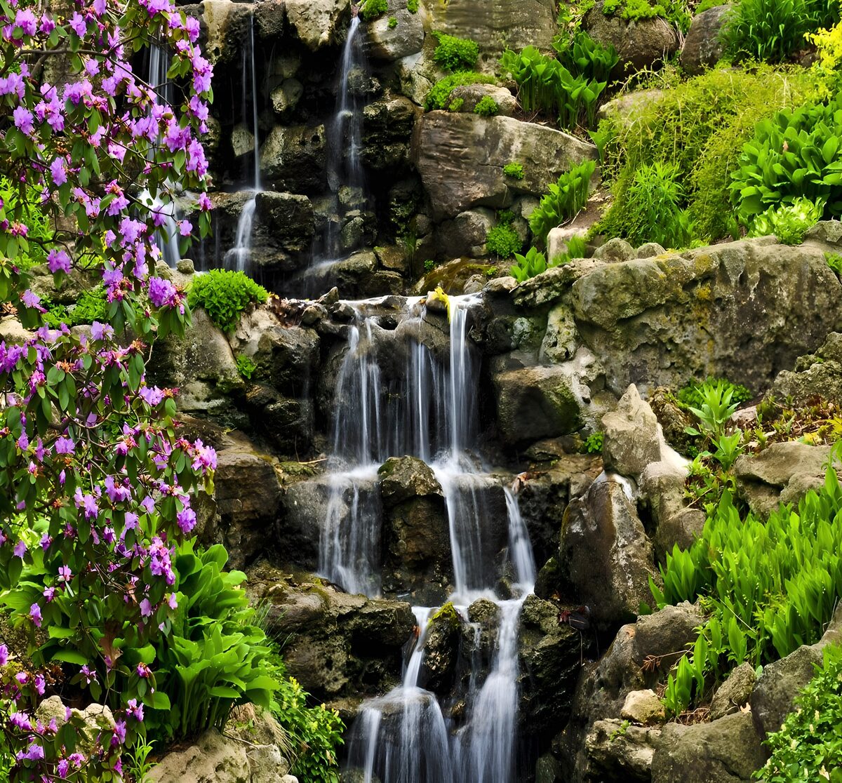 Witte waterlinten naast paarse bloesem
