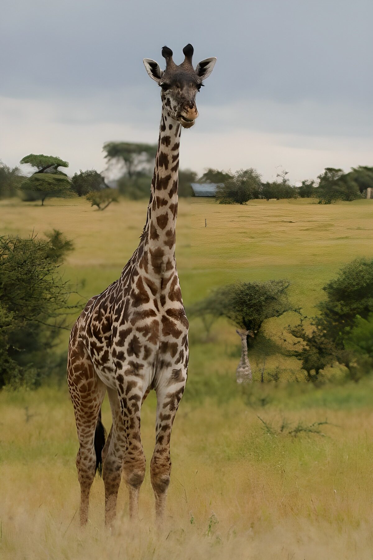 Giraffe in het geelgroene gras