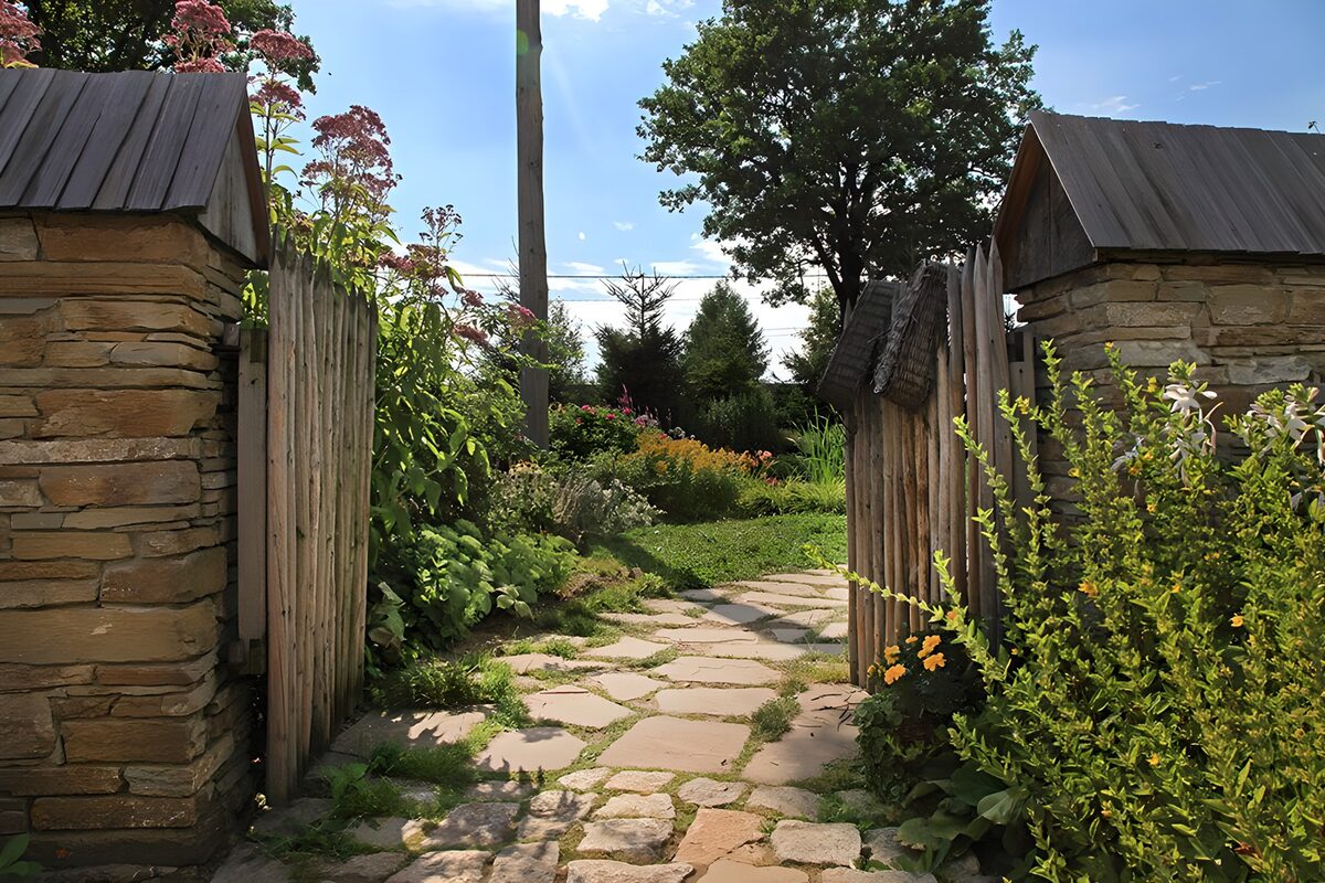 Open tuinpoort met een zonnig stenen pad