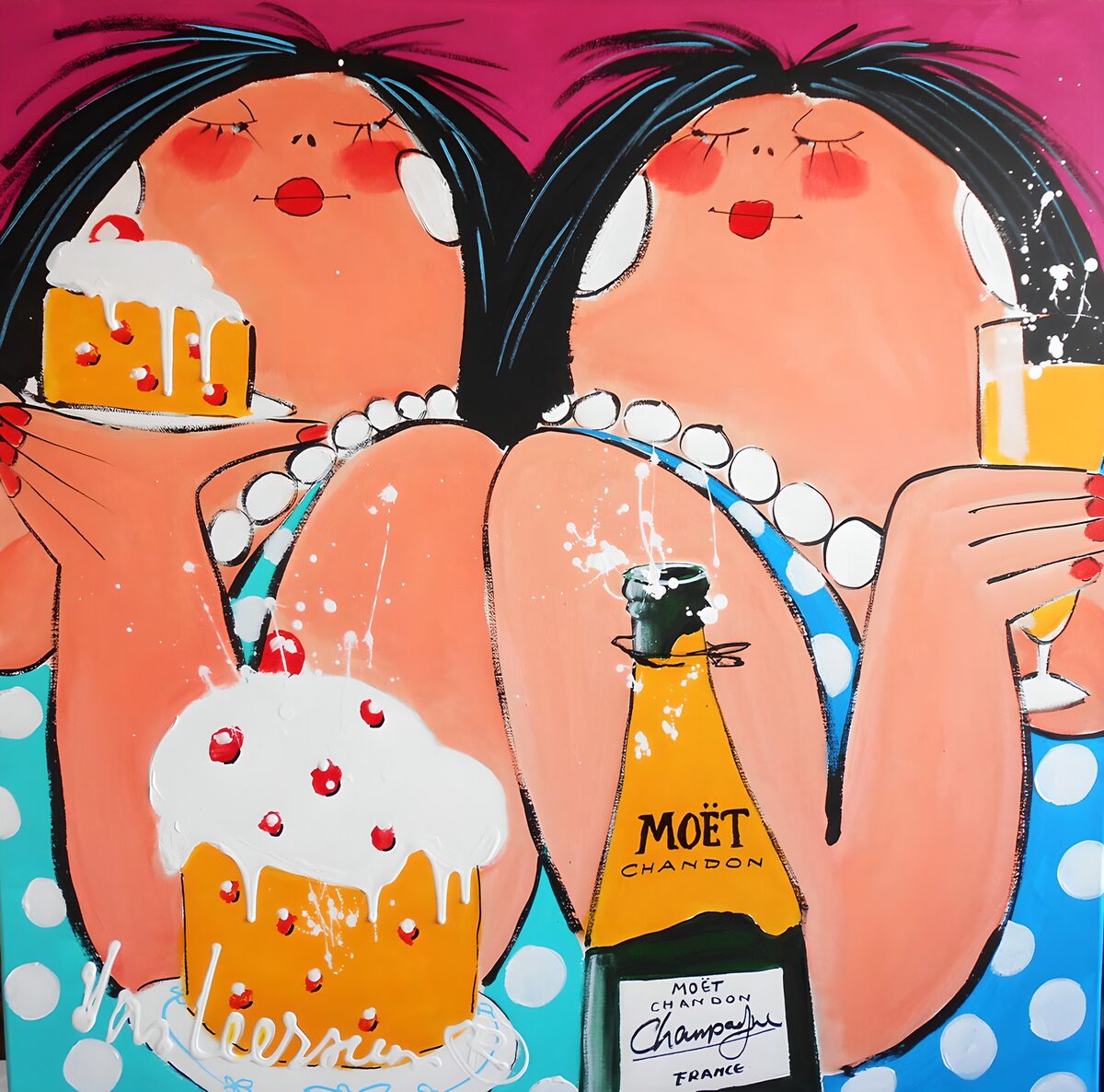 Twee vrouwen met taart en champagne