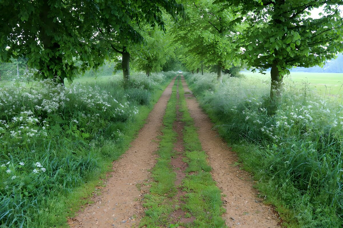 Landweg onder een groen bladerdak