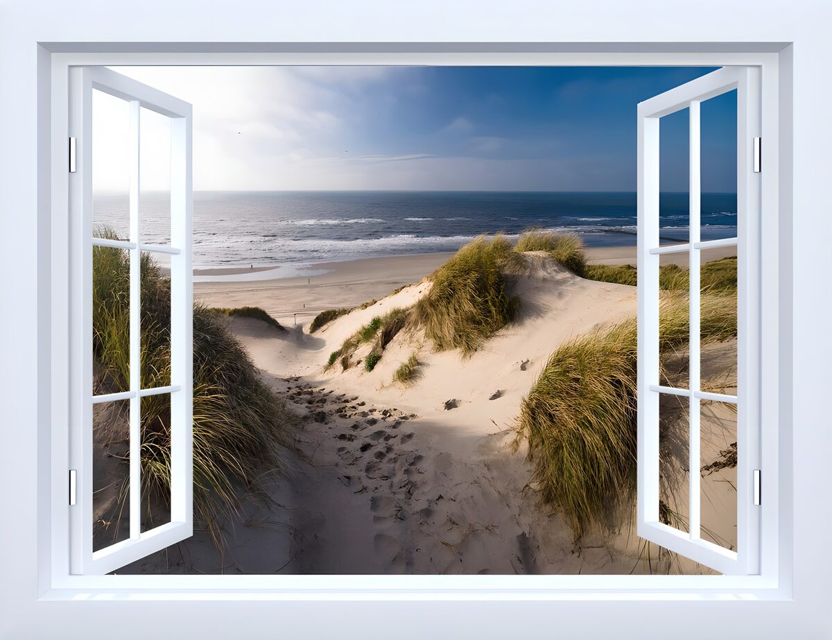 Open raam met uitzicht op duinen en zee