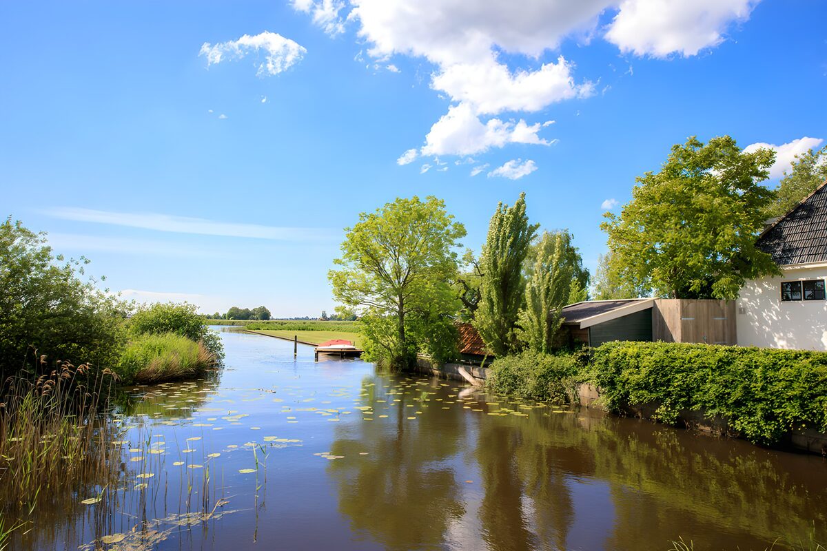 Huis aan het water in de zon