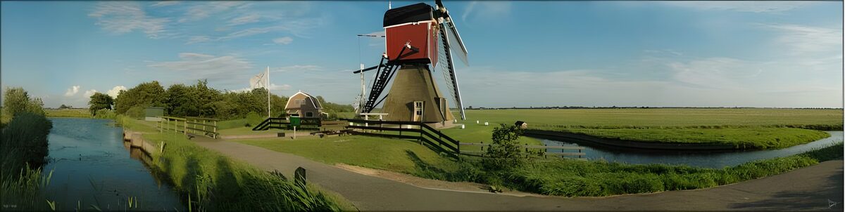 Molen aan het water in warm zonlicht