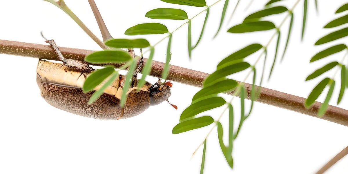 Bruine kever tussen frisgroene blaadjes