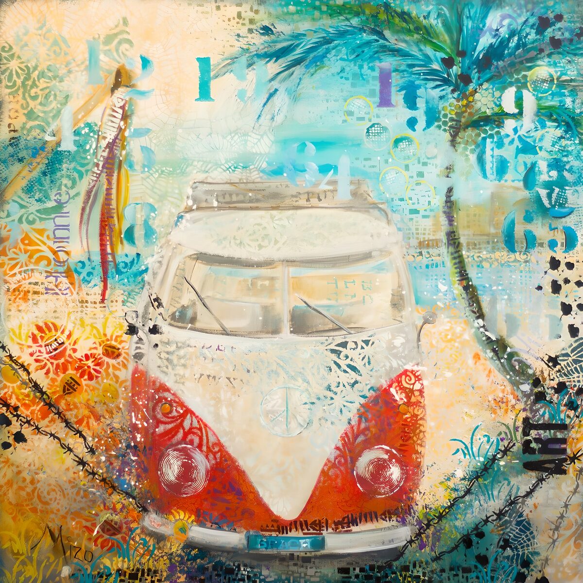 Retrobus in rood en turquoise