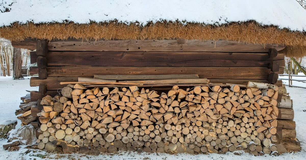 Houtstapel onder een besneeuwd rieten dak