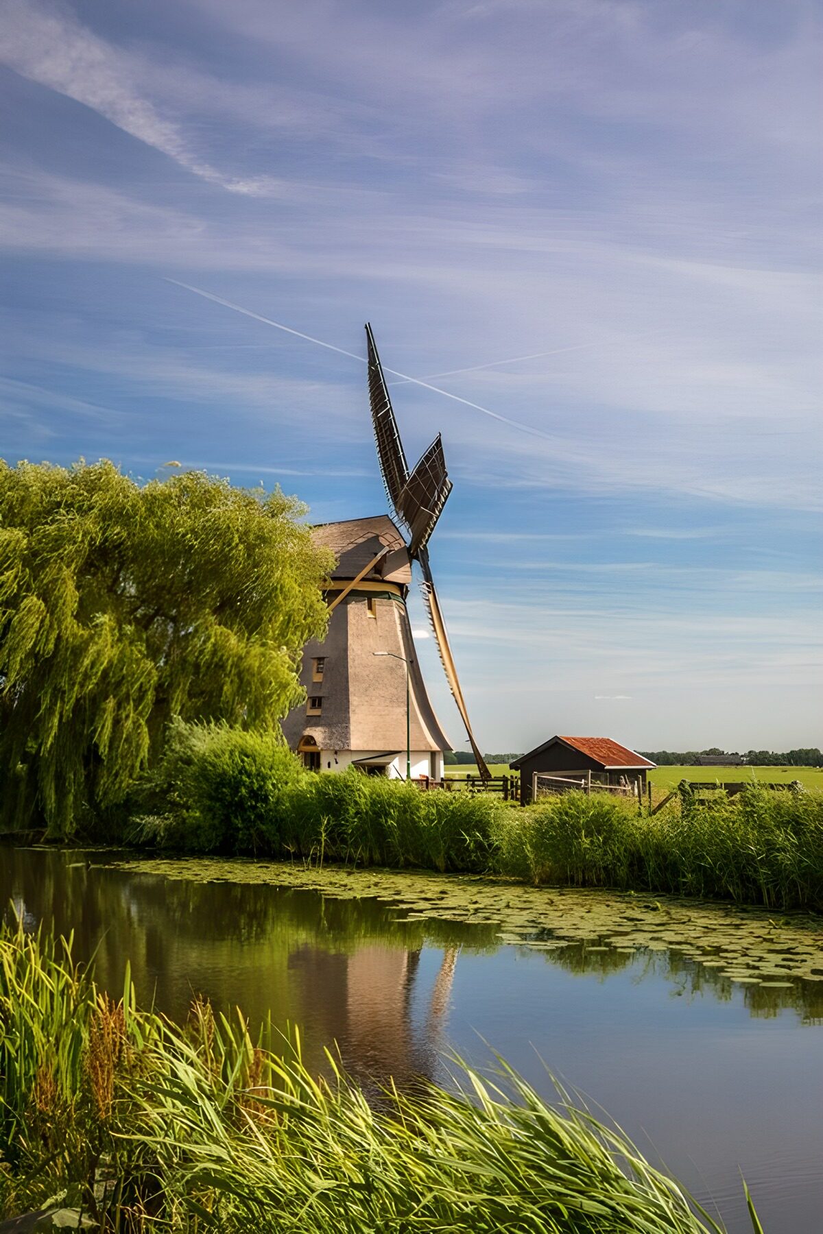 Windmolen aan het water in zonlicht