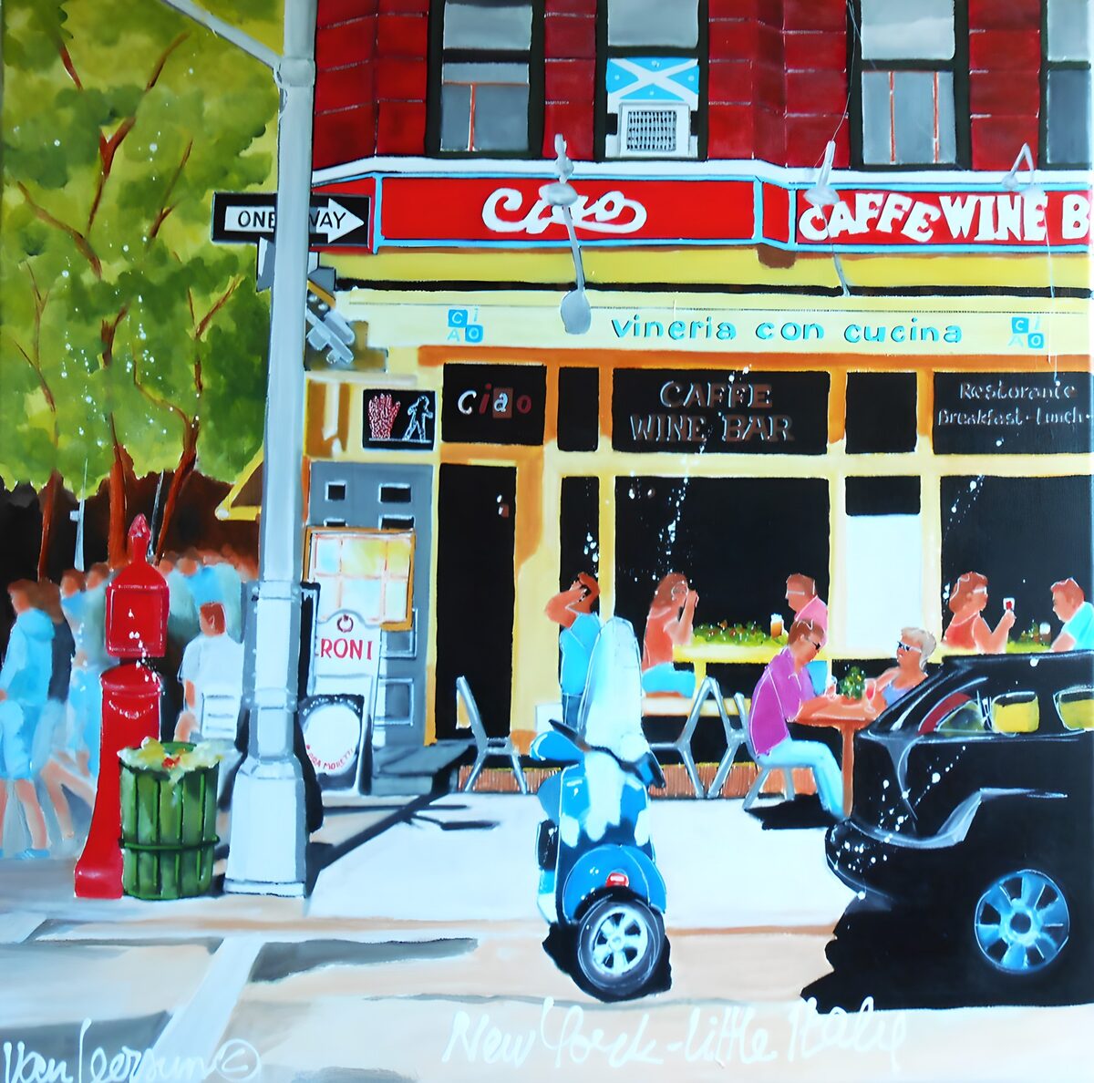 Café op de hoek met blauwe scooter