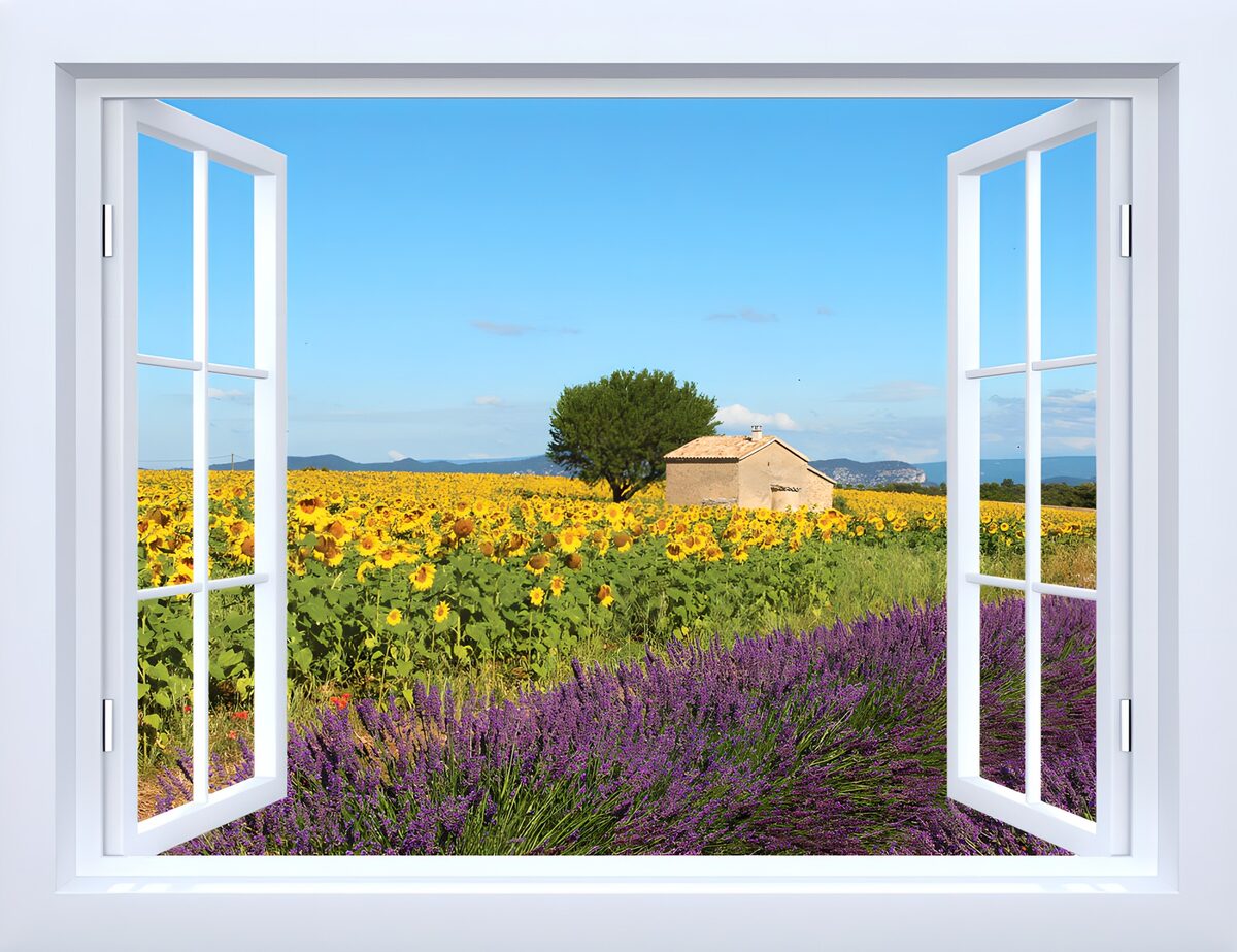 Open raam op een zonnig bloemenveld