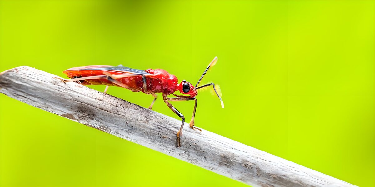 Rood insect op een verweerde tak