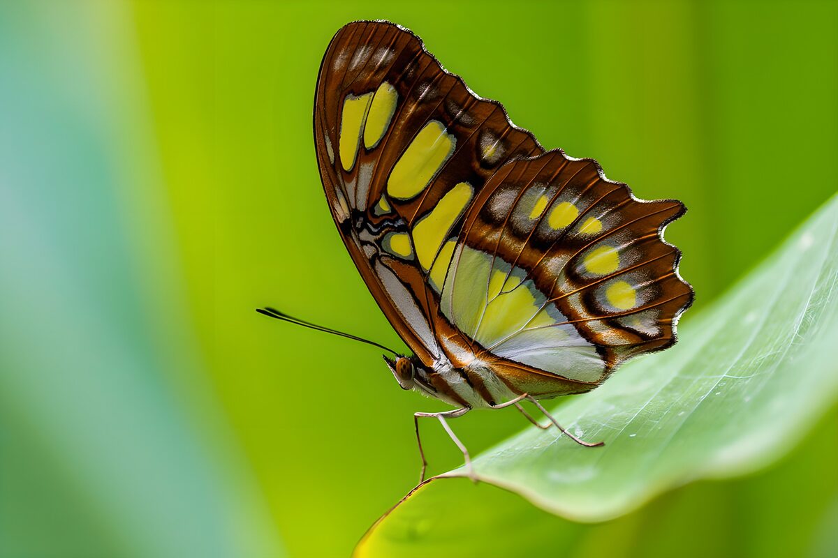 Bruingele vlinder op een frisgroen blad