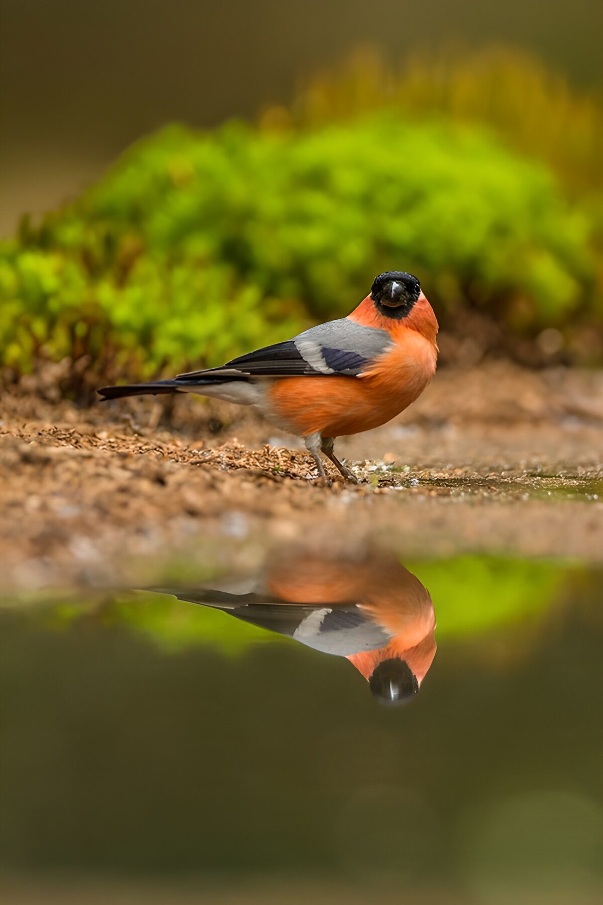 Goudvink met spiegelbeeld