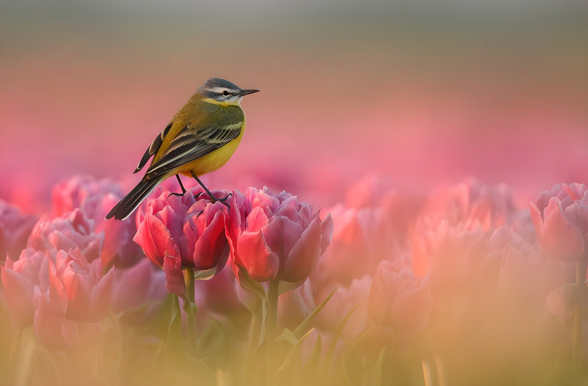 Gele kwikstaart op roze lentetulpen