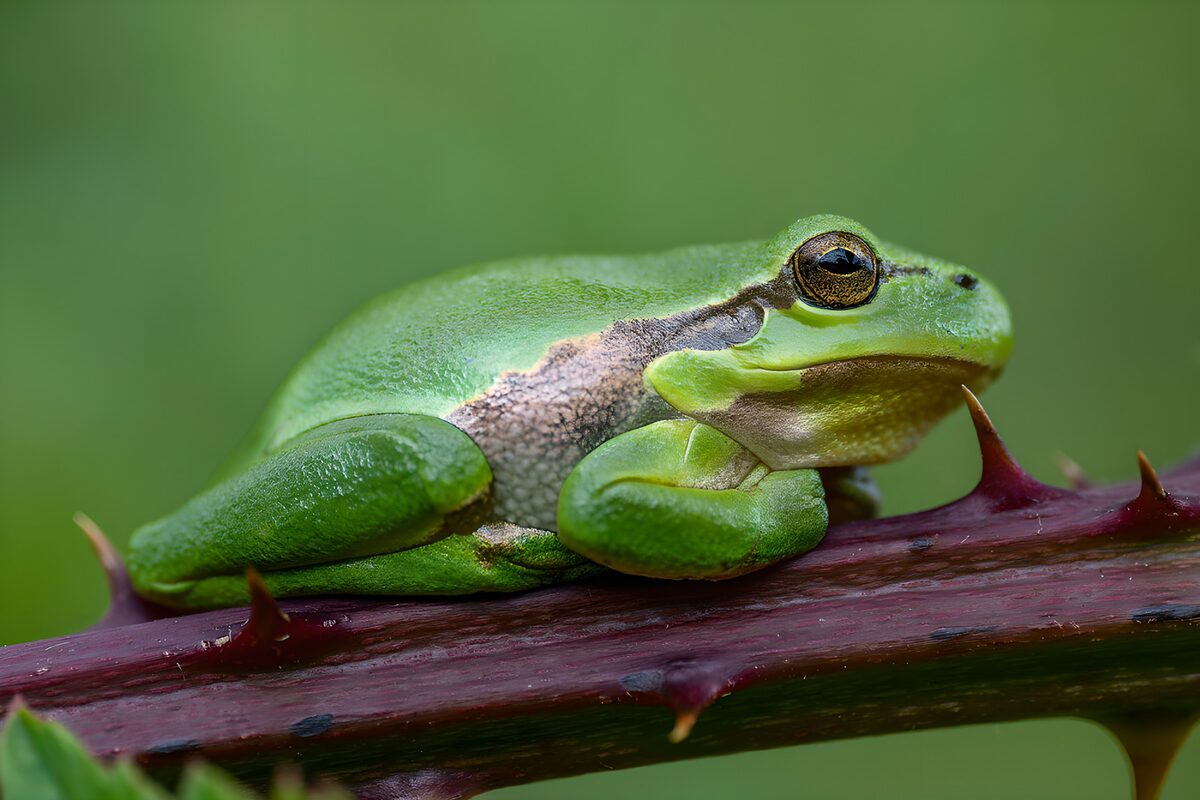 Groene boomkikker op een doornige tak