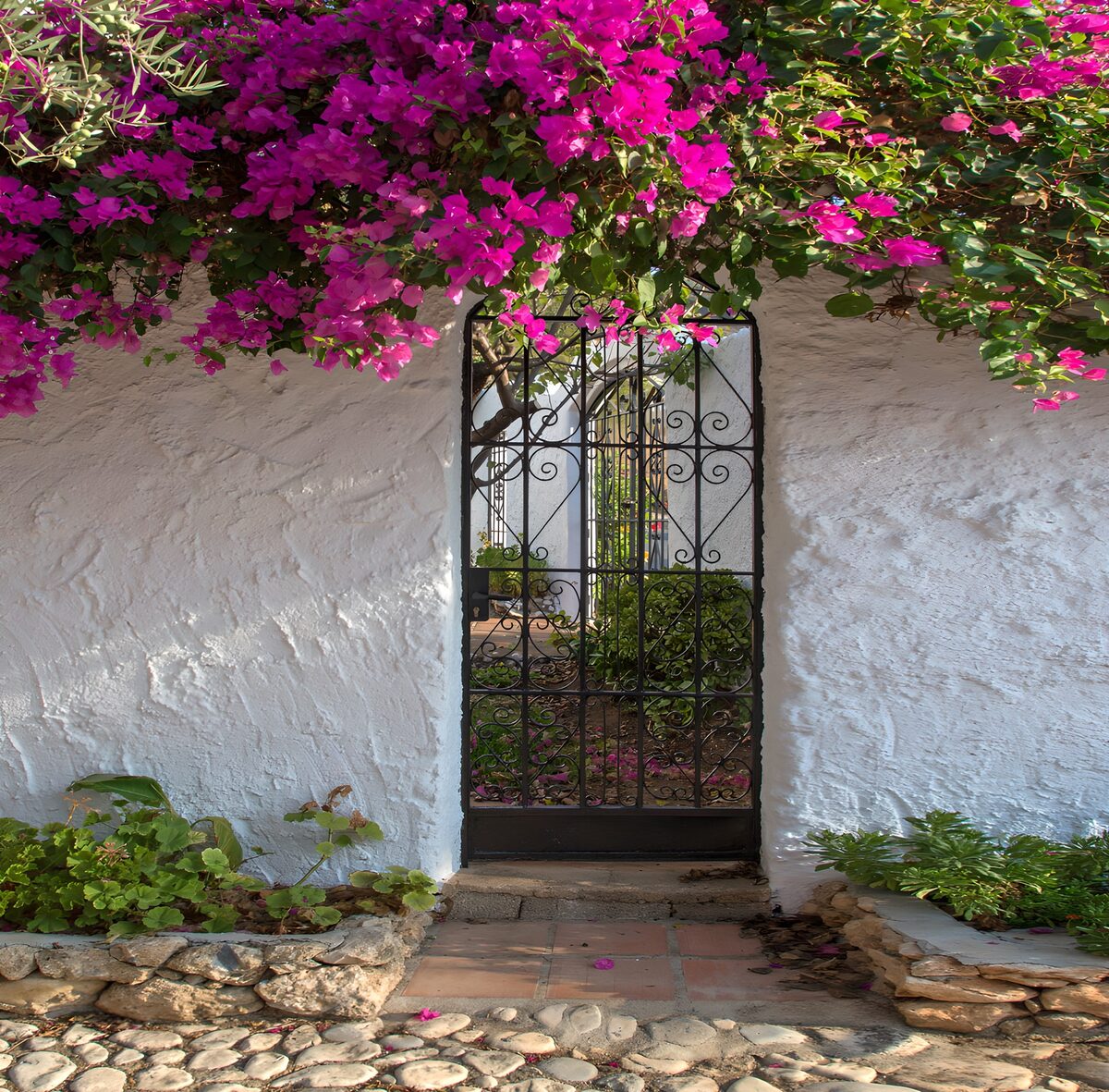 Smeedijzeren poort onder roze bloemen