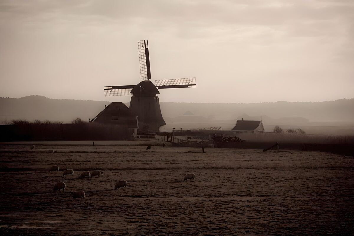 Molen en schapen in de ochtendnevel