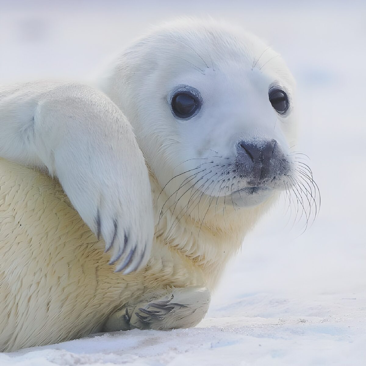 Witte zeehondenpup in de sneeuw