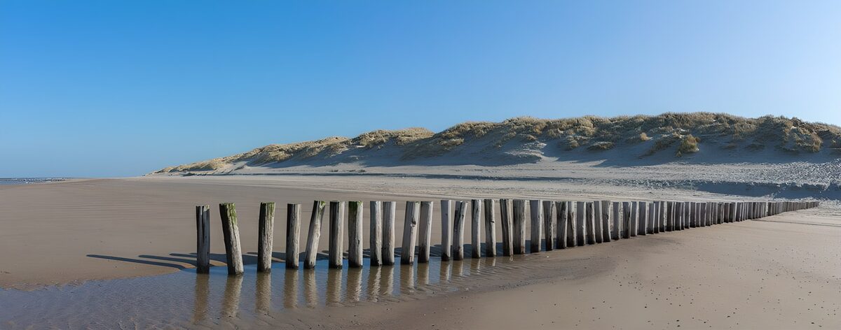 Houten golfbreker op een zonnig strand
