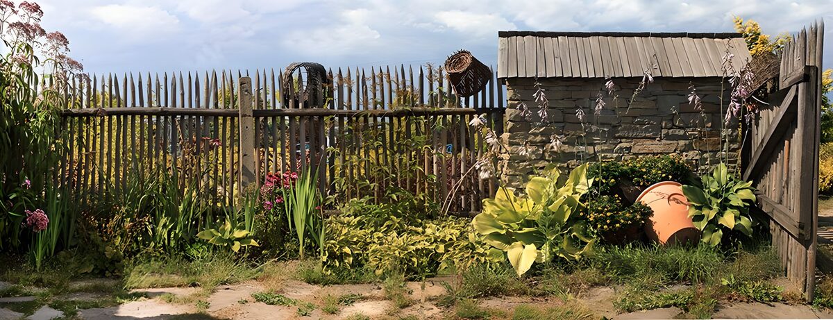 Weelderige tuin met houten hek