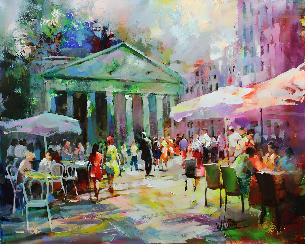 Zomers caféterras met zuilen