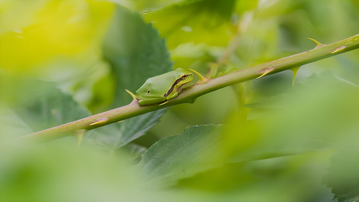 Groene kikker op een doornige tak