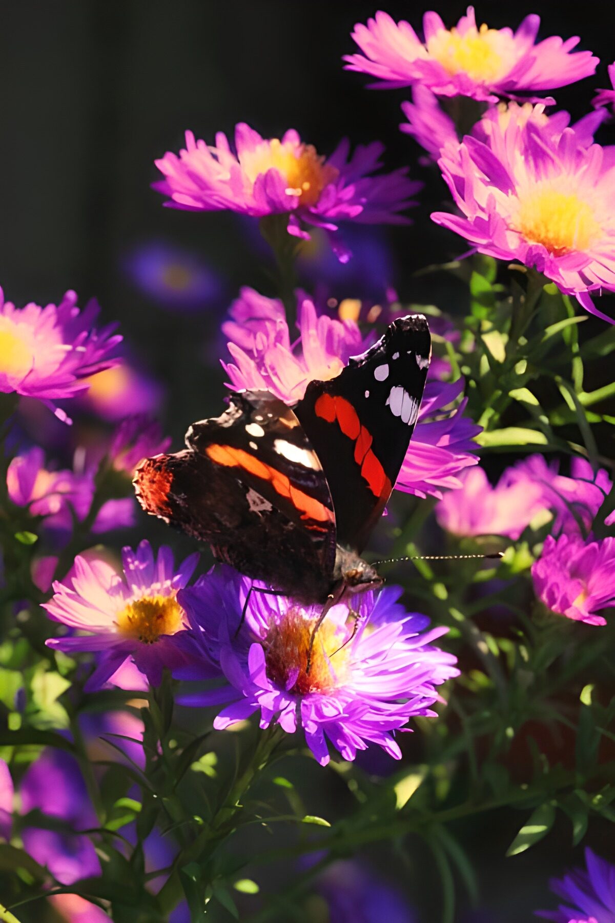 Paarse asters dragen donkere vleugels