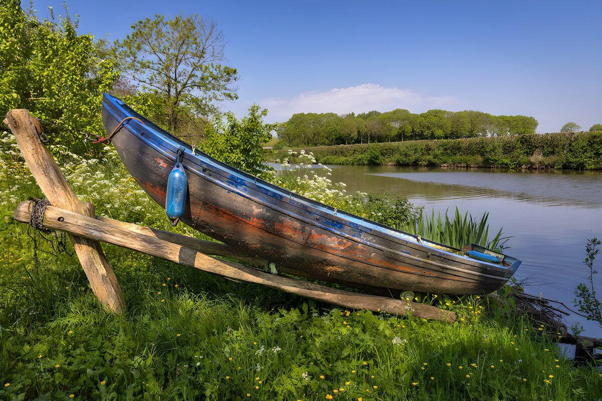Oude boot op een groene oever