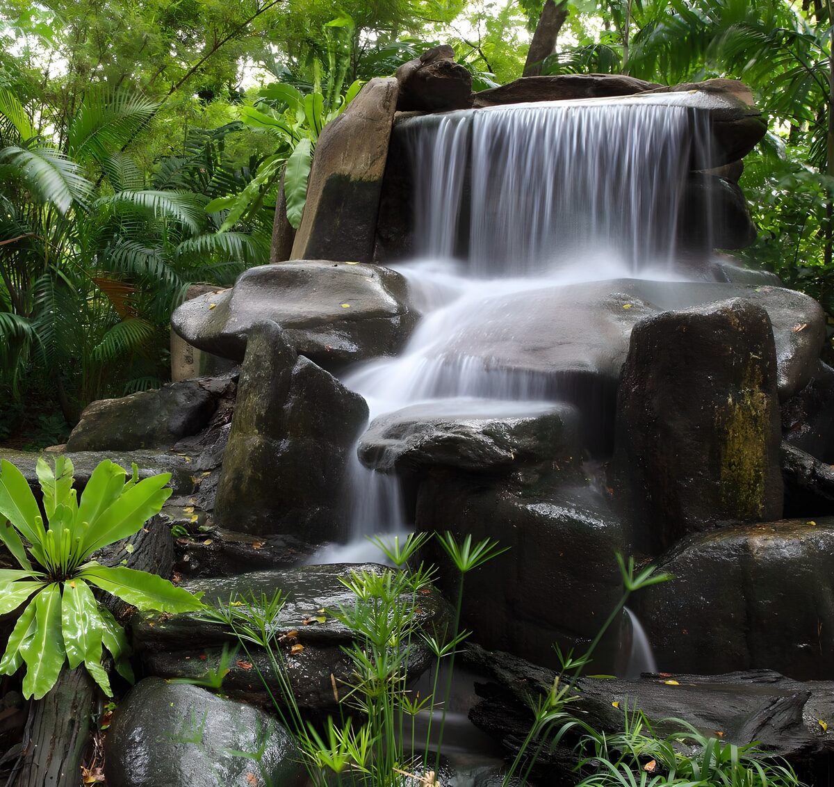 Waterval over rotsen in tropisch groen
