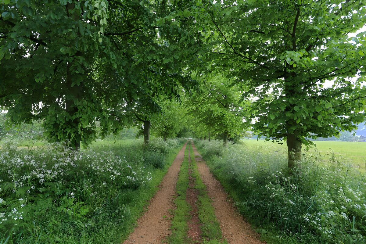 Zandweg onder een groen bladerdak
