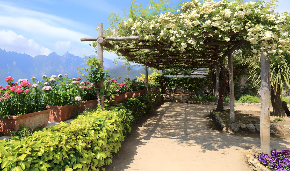 Bloemenpergola met uitzicht op de bergen