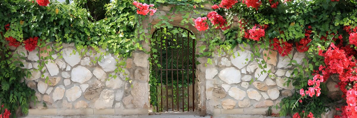 Stenen tuinmuur met rode bloemen