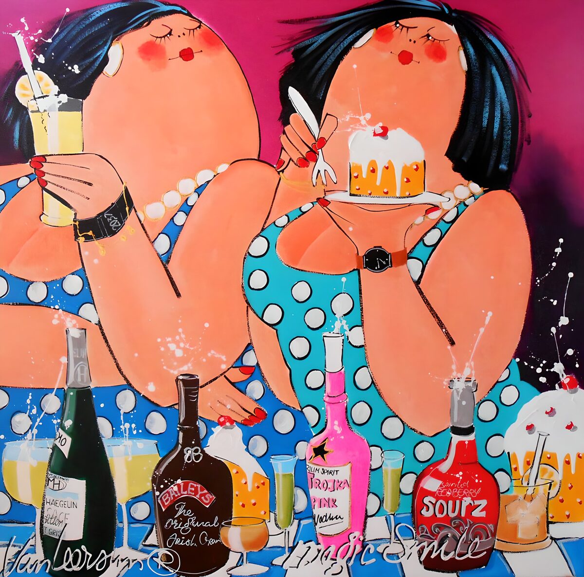 Twee vrouwen met cocktails en taart