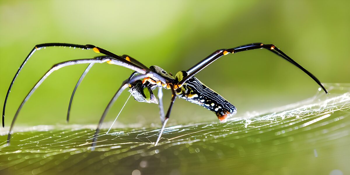 Langpotige spin boven een glanzend web