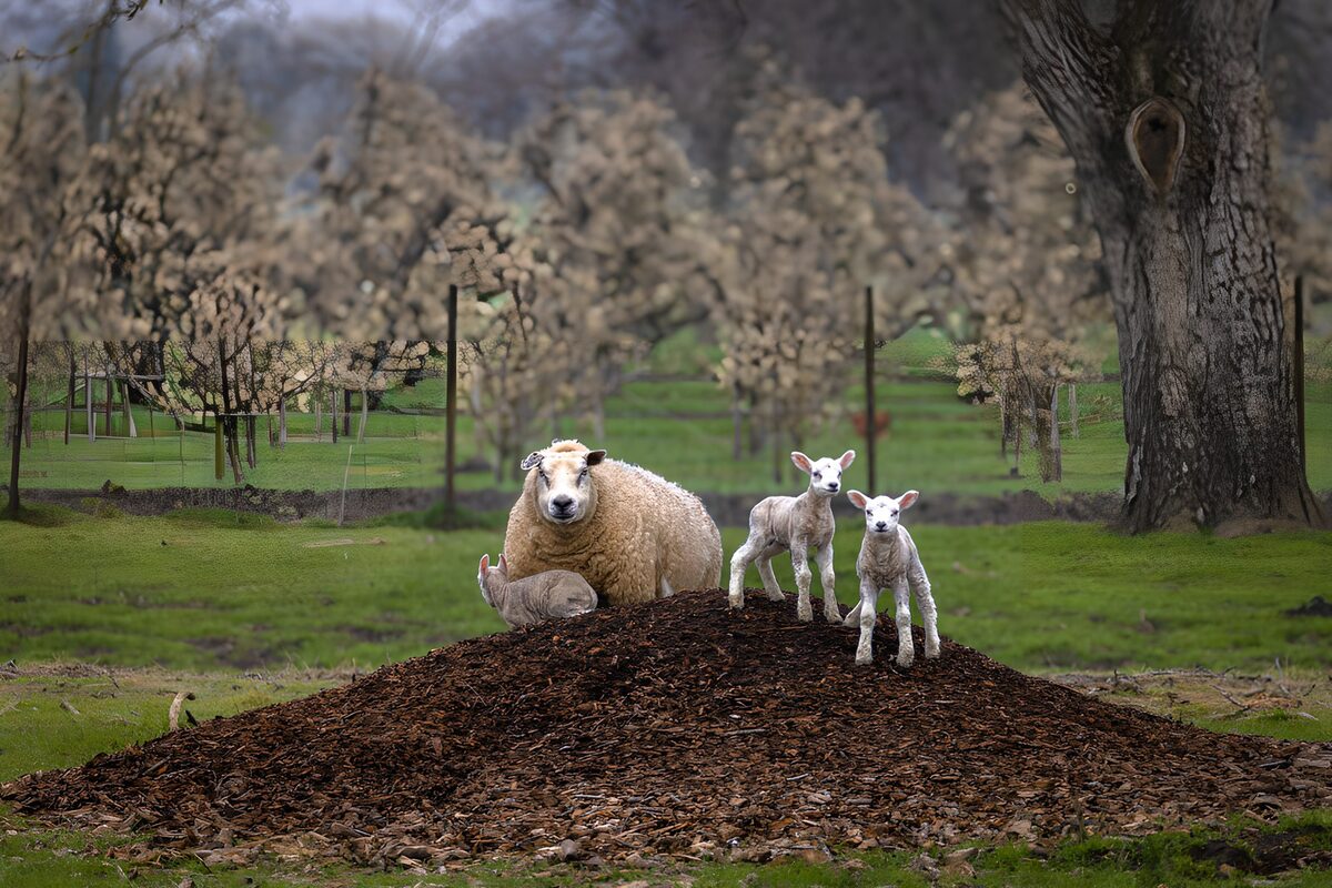 Schaap met drie lammetjes in het lentegroen