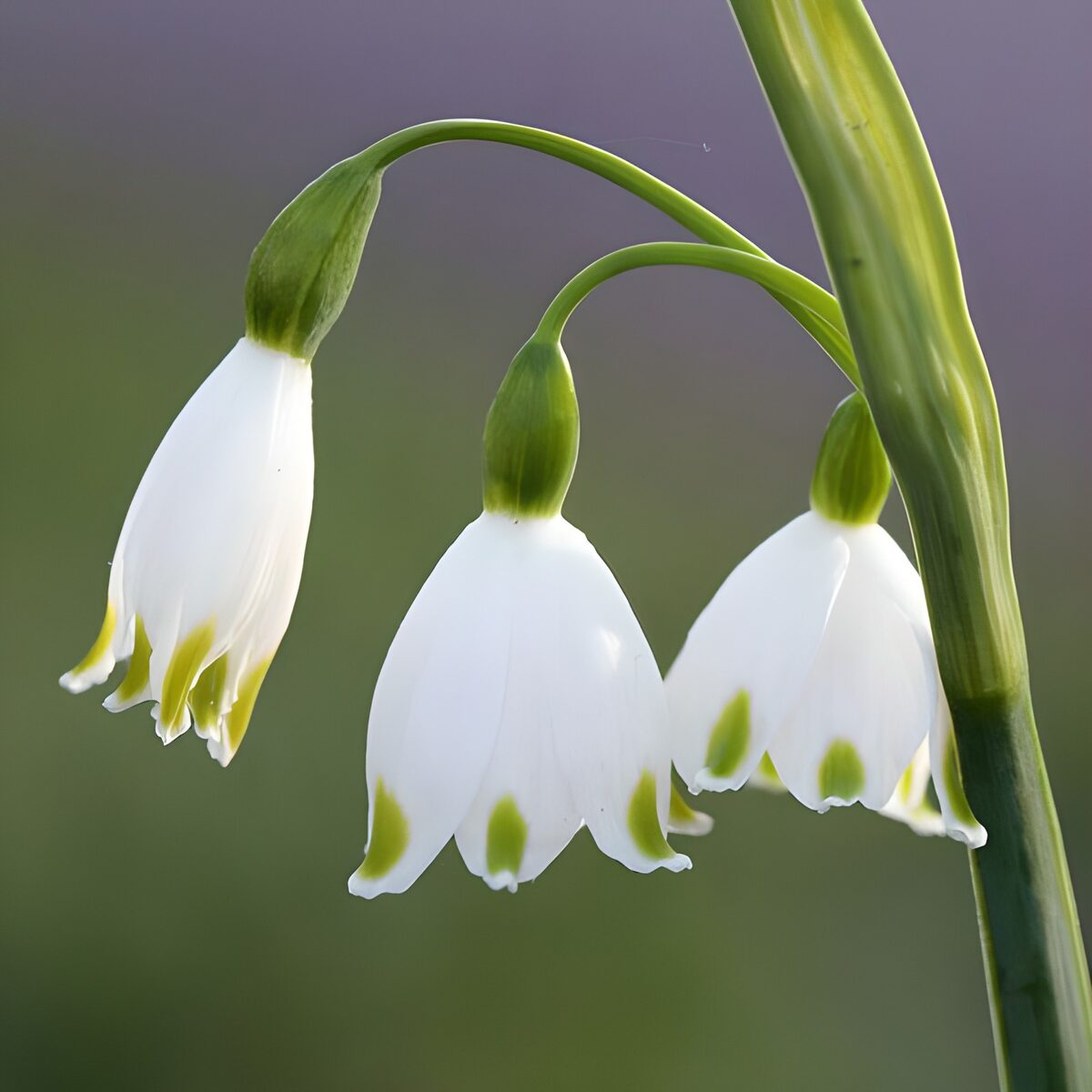 Drie witte klokjes aan groene stelen