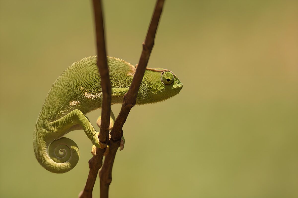 Groene kameleon op bruine takken