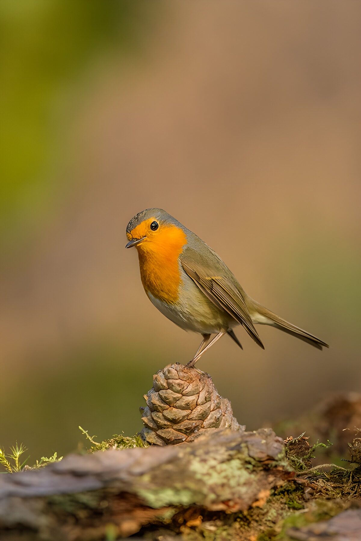 Roodborst op een dennenkegel