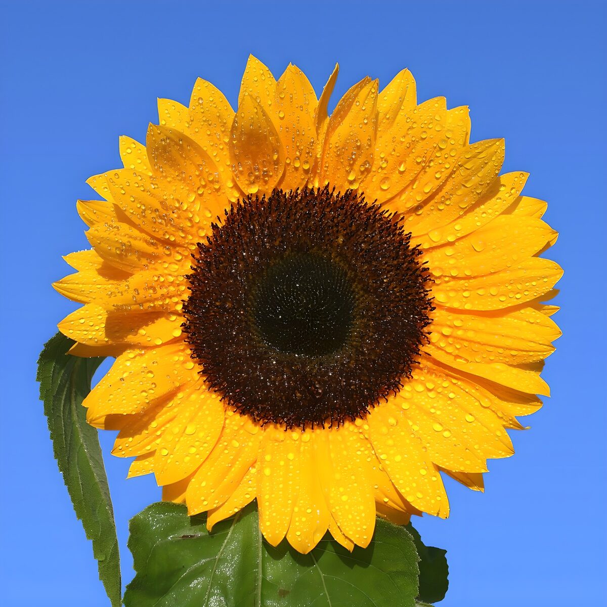 Zonnebloem met druppels tegen blauw