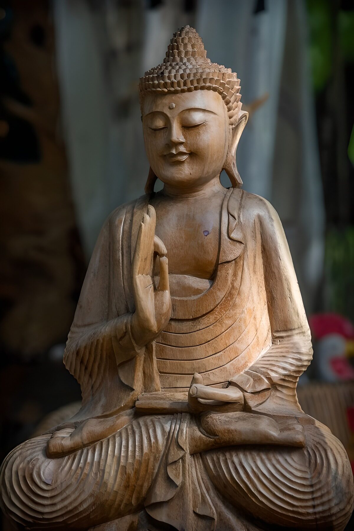 Houten Boeddha in stille rust