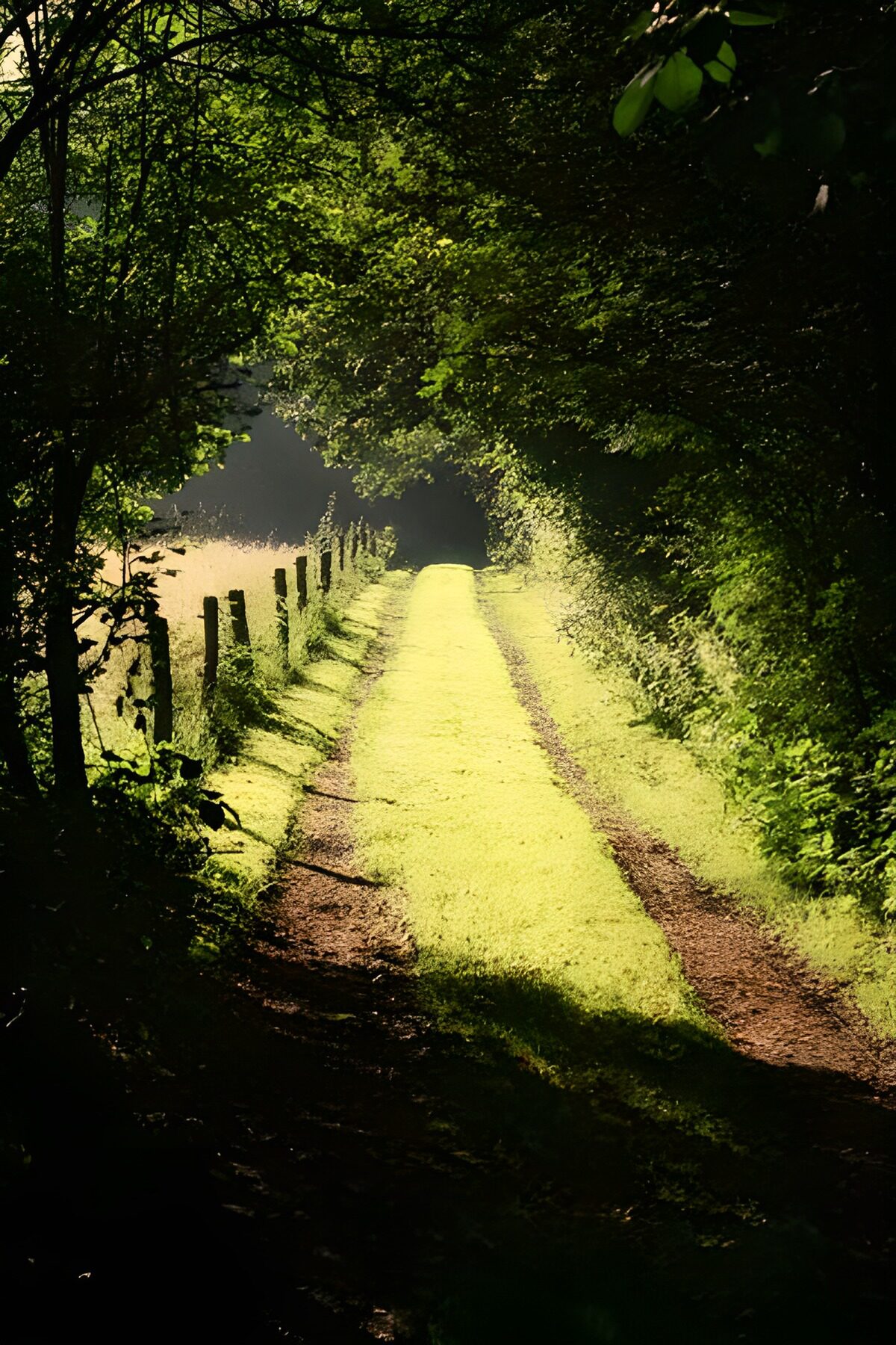Zonnige landweg onder de bomen