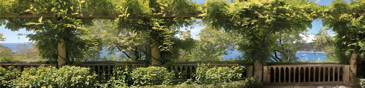 Groene pergola met uitzicht op zee