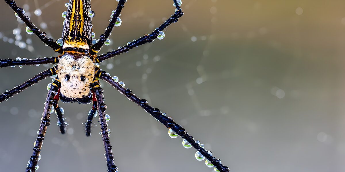 Geel-zwarte spin met waterdruppels