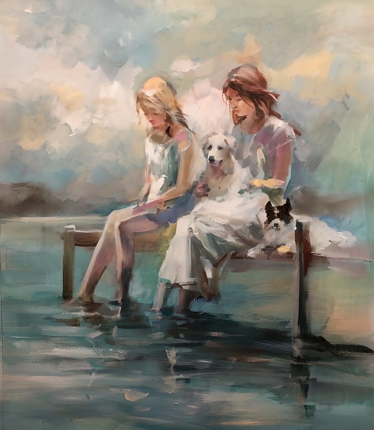 Meisje en vrouw met honden aan het water